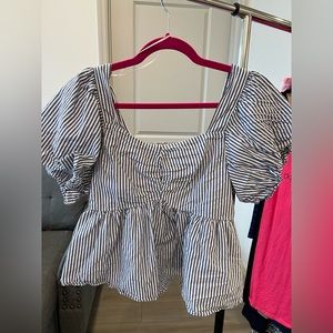 Blue and white stripes. Flattering on.  Elastic back. Ruffled sleeves